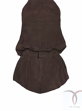 挂脖背心加短裤套装明星同款翻绒面真羊皮类鹿皮绒手感时尚休闲装