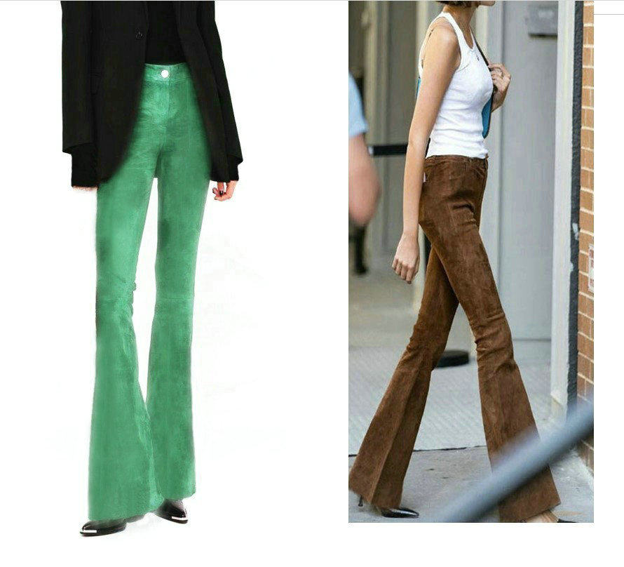 Ms sheep新款弹力皮真皮绒面皮大长腿微喇叭长裤 绿色 深棕色