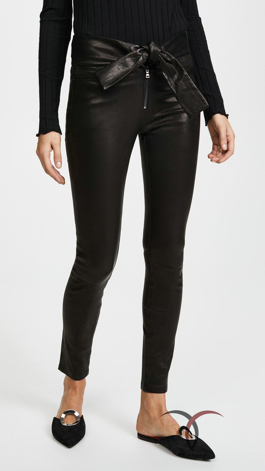 孤品清仓特价 真皮系带铅笔裤 弹力皮紧身裤女裤打底皮草搭配黑色