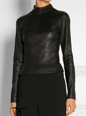 欧美风弹力绵羊皮紧身修身半高领长袖真皮T恤皮衣女短款国庆节