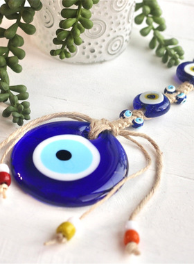 6CM手工麻线编织恶魔之眼挂件 土耳其蓝眼睛玻璃挂饰evil eye吊饰