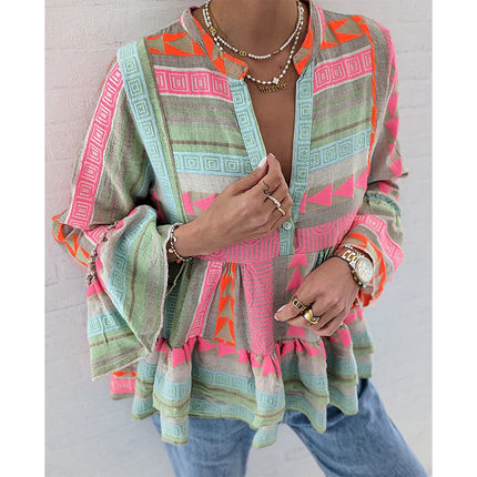 Women's Bell Long Sleeve Ethnic Geometric Top Shirts Blouses