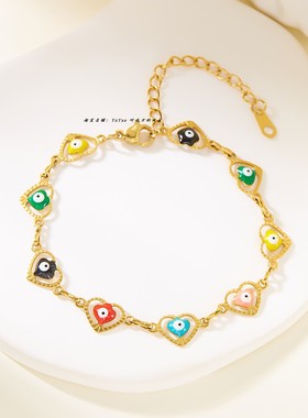 不锈钢爱心滴油蓝眼睛手链彩色evil eye恶魔之眼情侣手饰Bracelet