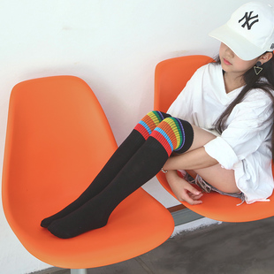 清仓 运动彩虹膝下男女儿童学生袜无后跟纯全棉中统高筒袜子过膝
