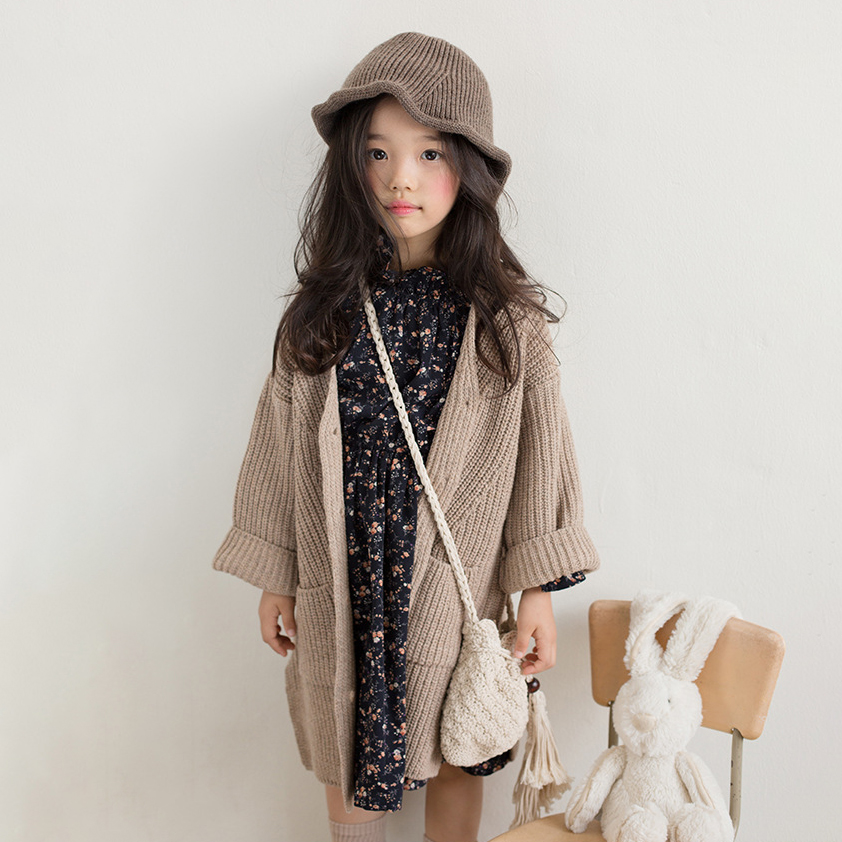 韩版童装春秋款冬季女童毛衣中大童棉针织V领长款开衫外套单排扣