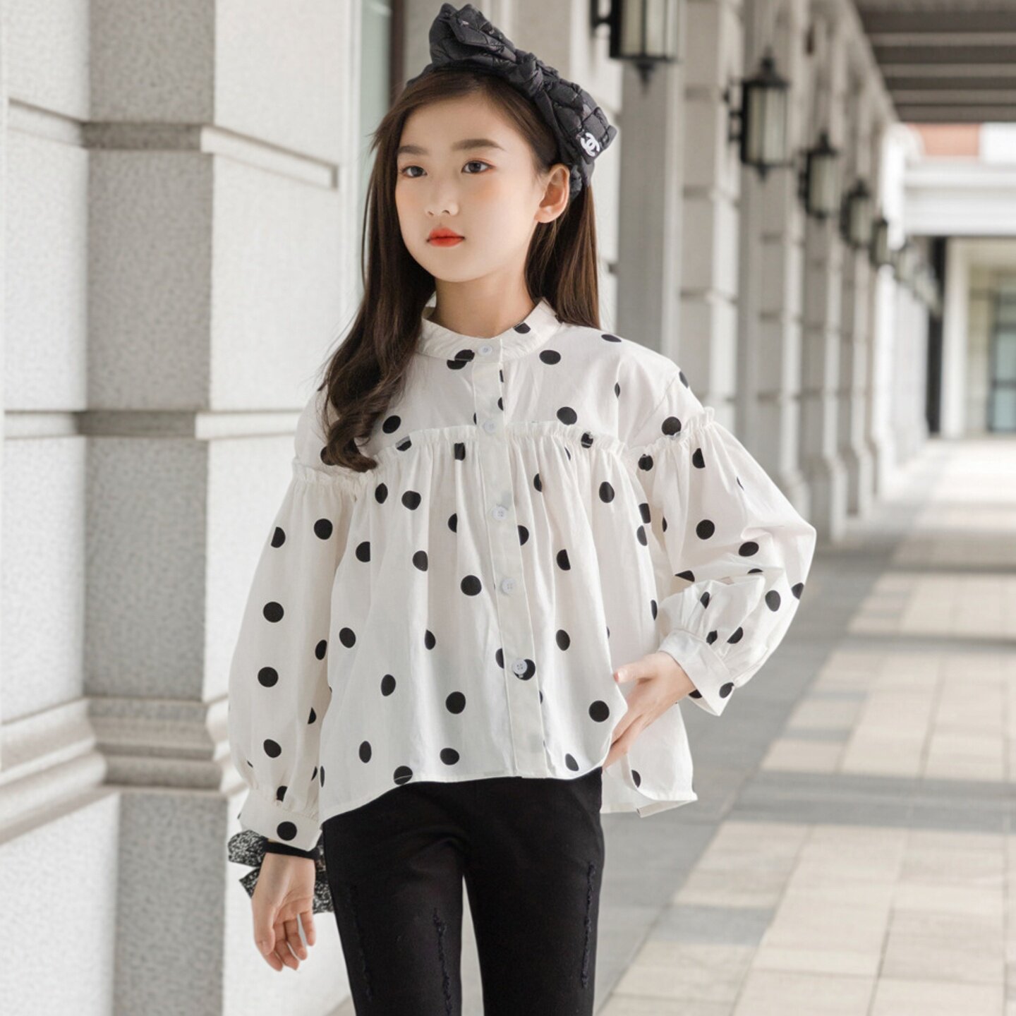 春秋女童长袖圆点衬衫中大童装洋气宽松洋气立领波点衬衣甜美气质