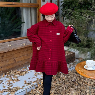 中大女童衬衫秋冬亲子红色格子衬衣裙中长款宽松休闲羊毛呢子上衣