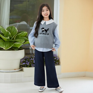 中大女童蕾丝领长袖衬衫针织毛衣马甲格子上衣两件套秋季森系穿搭