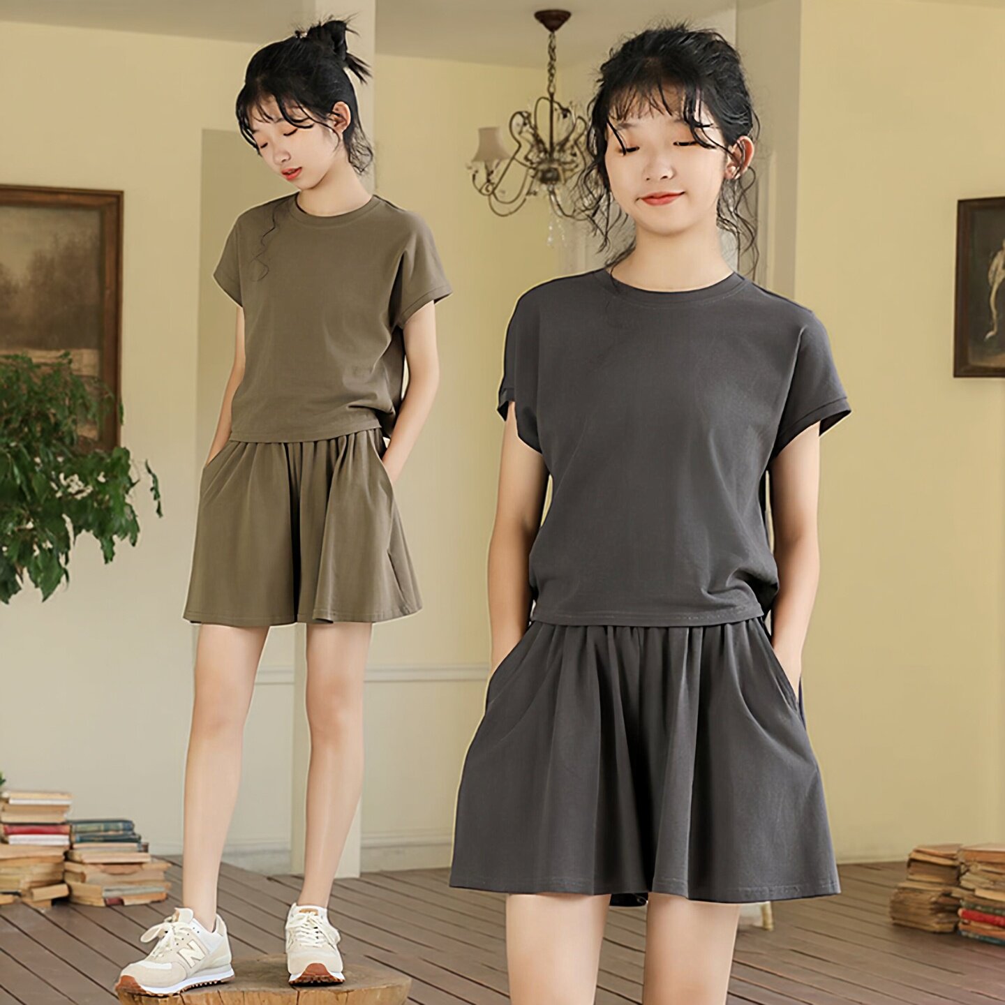 中大童洋气休闲运动两件套夏季女童纯色后背系带短袖短裤套装纯棉