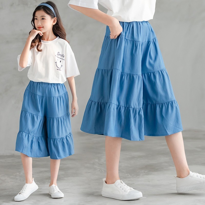 女童夏季簿款阔腿裤休闲女孩牛仔阔脚七分裙裤时髦宽松童装学院风