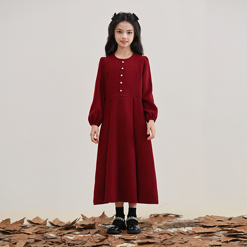 女童复古红色千金风连衣裙