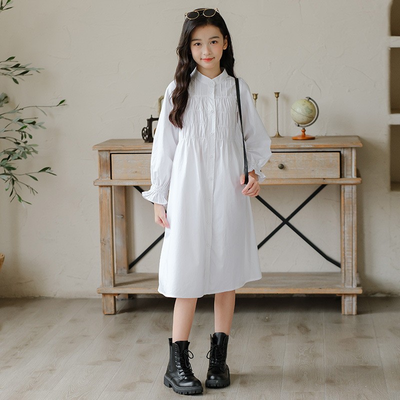 春款中大女童小立领长袖连衣裙简约气质衬衫裙纯棉布小清新中长裙