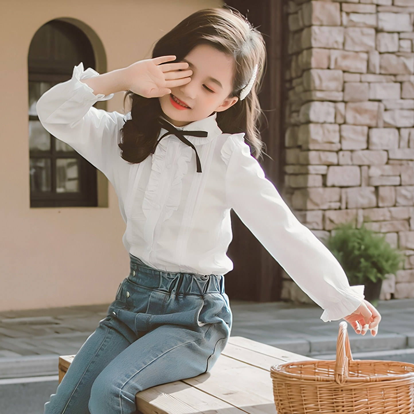 女童长袖白衬衫春秋季新款韩版荷叶边衬衣中小大儿童花边翻领上衣