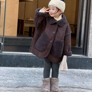 冬季女童内里羊羔毛麂皮设计感外套冬款保暖棉服宝宝原创加绒大衣