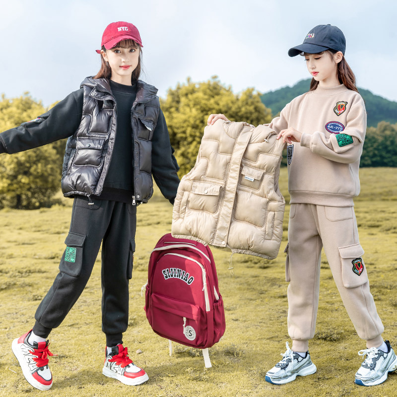 冬装女童休闲套装加绒卫衣加厚马甲背心工装束脚裤三件套初中大童