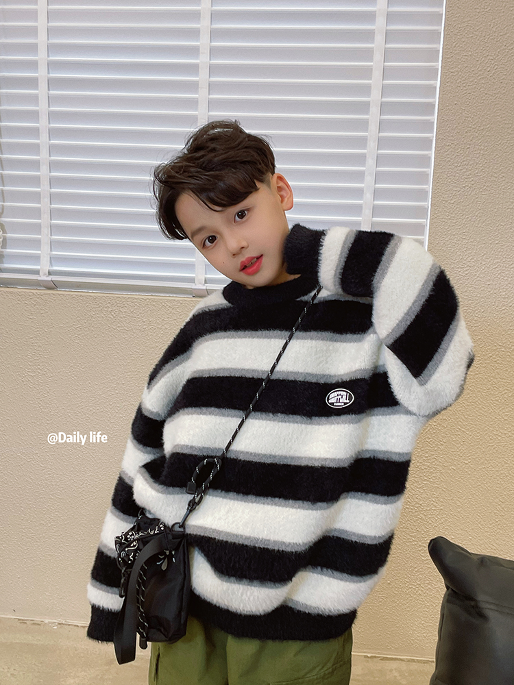 男童水貂绒毛衫2025秋冬装新款中童马海毛条纹针织衫套头毛衣潮