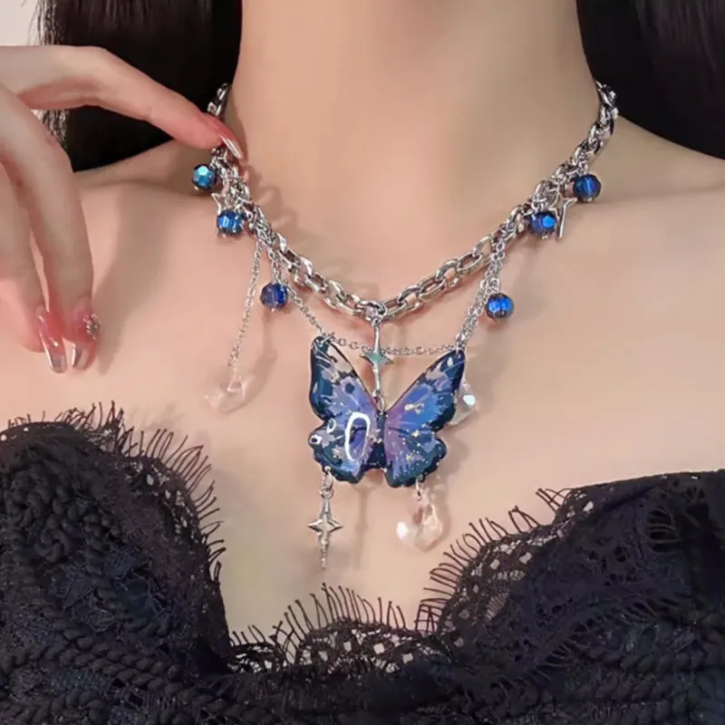 蓝色流苏蝴蝶项链女轻奢小众高级感锁骨链新款百搭亚文化颈链