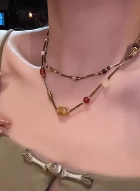 新中式禅意天然石串珠项链女小众独特高级感短款颈链锁骨链配饰潮