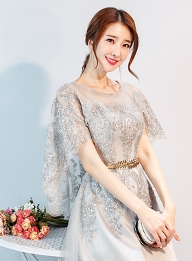 晚礼服女2019春季新款高贵公主显瘦灰色宴会聚会主持人礼服裙出租