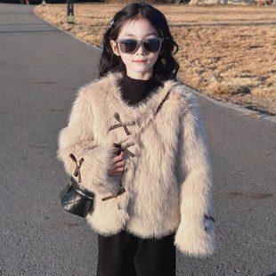 女童皮草外套秋冬2025新款洋气蝴蝶结小香风加厚棉服保暖毛毛衣