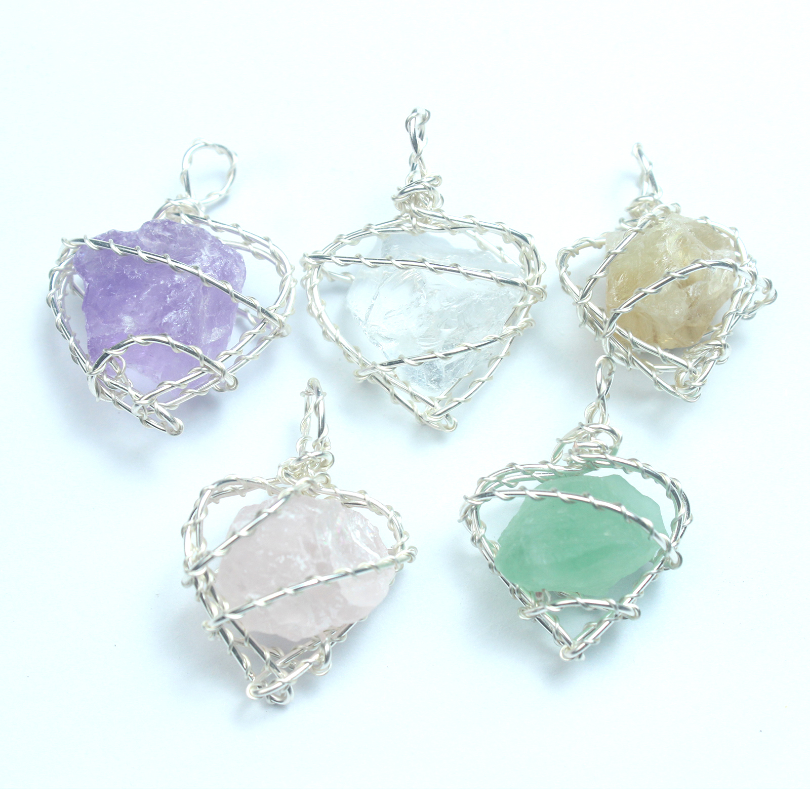 天然爱心形diy石头手工双股绕线工艺白绿粉紫黄水晶项链女吊坠