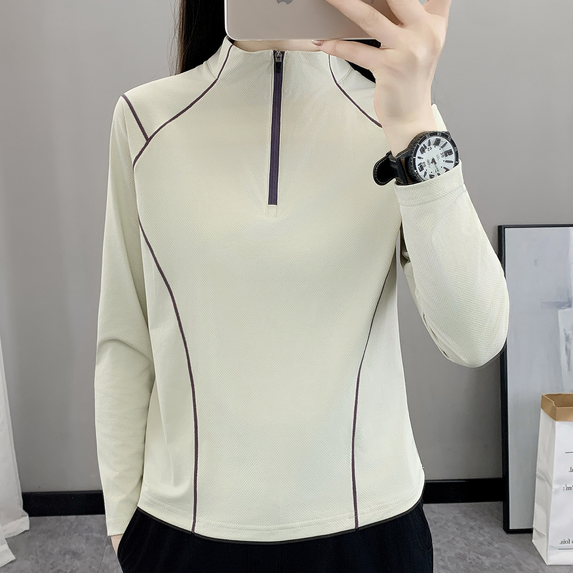 春夏速干T恤女户外立领长袖登山上衣透气排汗弹力跑步运动快干衣