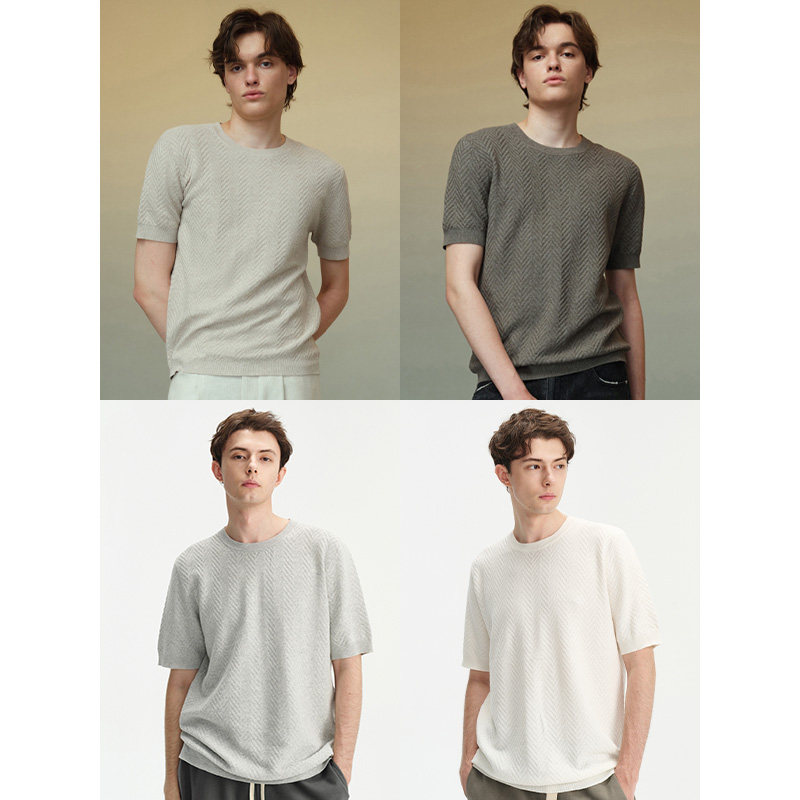 UNICA HOMME/老钱风男士圆领提花肌理亚麻针织T恤男短袖上衣,男装,T恤,淘宝优惠券,粉丝福利购,淘宝优惠卷