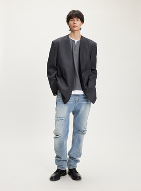 UNICA HOMME/秦晓轩同款 男士休闲西装灰色羊毛老钱风外套男