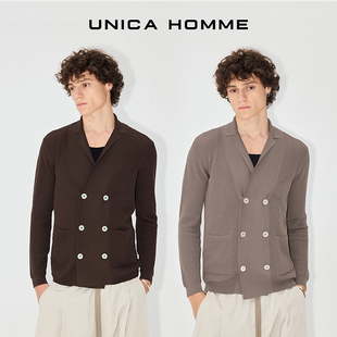 绅士格调_双排扣驳领棉纱针织毛衣开衫 经典 HOMME UNICA