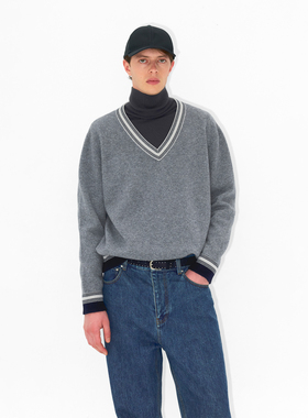 UNICAHOMME撞色V领绵羊毛针织衫