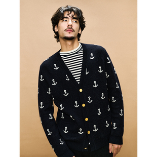 保暖 原创海军船锚提花设计美丽诺羊毛针织开衫 UNICA HOMME