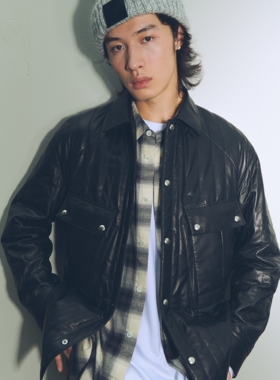 UNICAHOMME/西班牙进口羊皮_宽松廓形短款真皮皮衣男外套机车