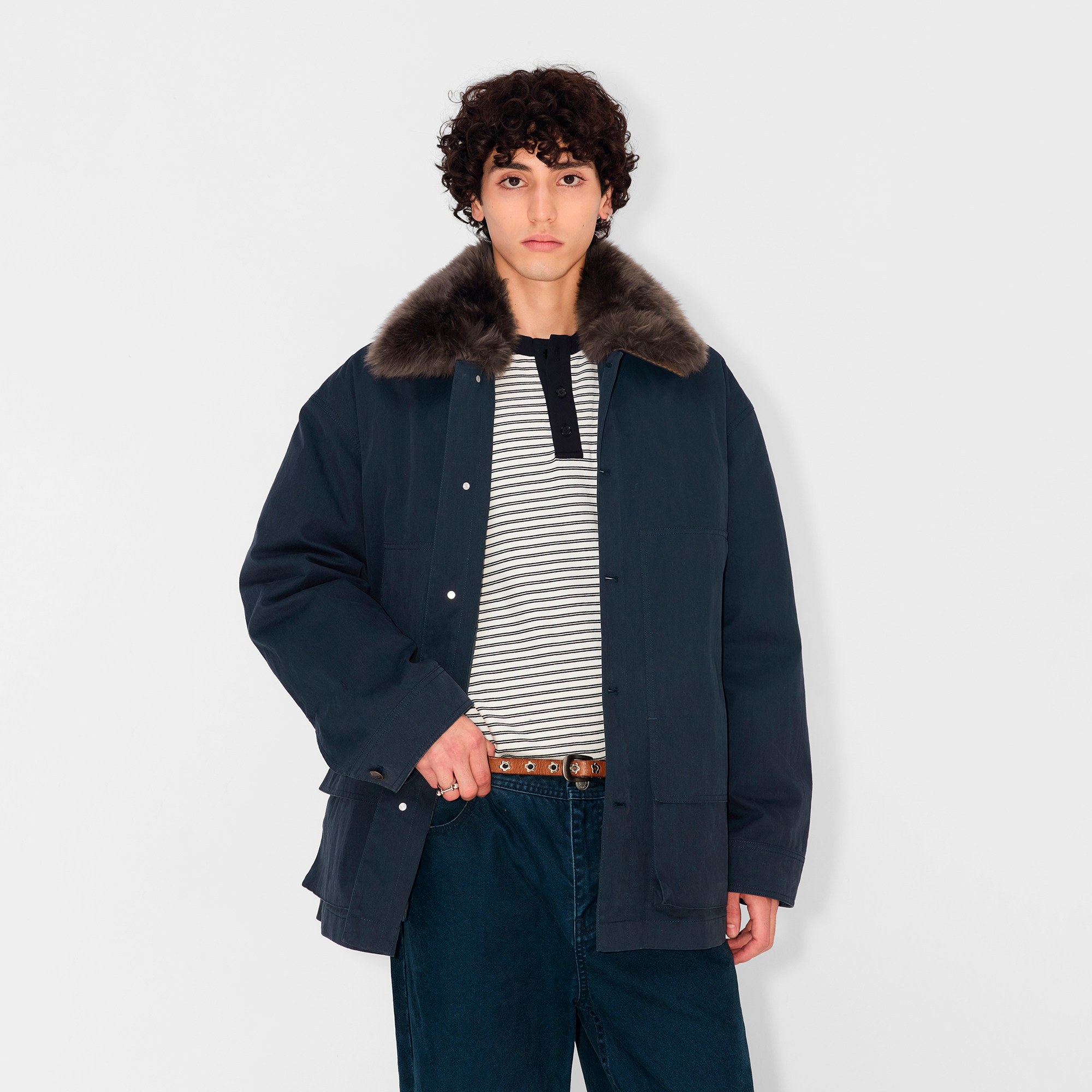 UNICAHOMME/轻盈舒适哈灵顿夹克式可拆卸羊毛皮毛领鹅绒羽绒服