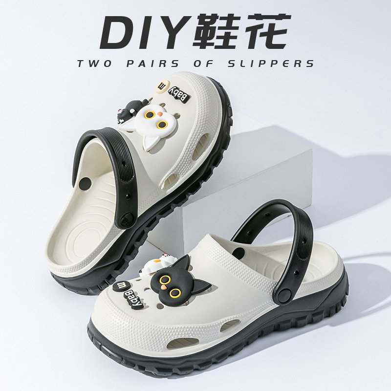 法式2025DIY黑白猫情侣款洞洞鞋撞色设计沙滩凉拖男女款凉鞋