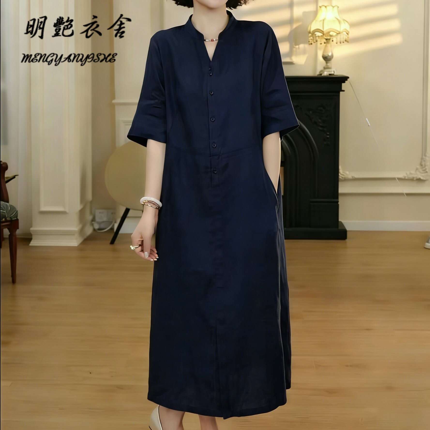 高级感气质亚麻连衣裙女2026夏季新款宽松减龄遮肚长款裙子显年轻