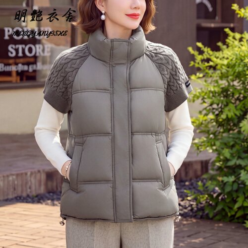 高档宽松羽绒棉服马甲针织拼接时尚背心叠穿外套秋中年小个子妈妈