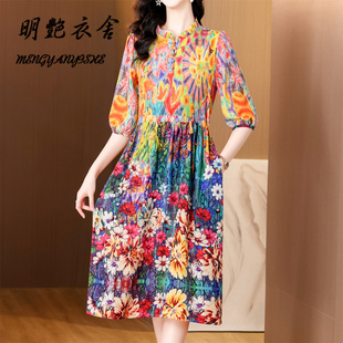 高档中老年妈妈夏季双绉雪纺植物印染收腰显瘦定位花沙滩连衣裙子