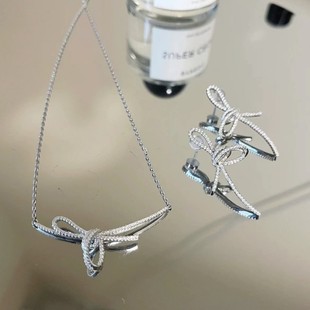 hefang925纯银何方飘带丝带结锁骨链飘带耳钉优雅丝带送礼物饰品