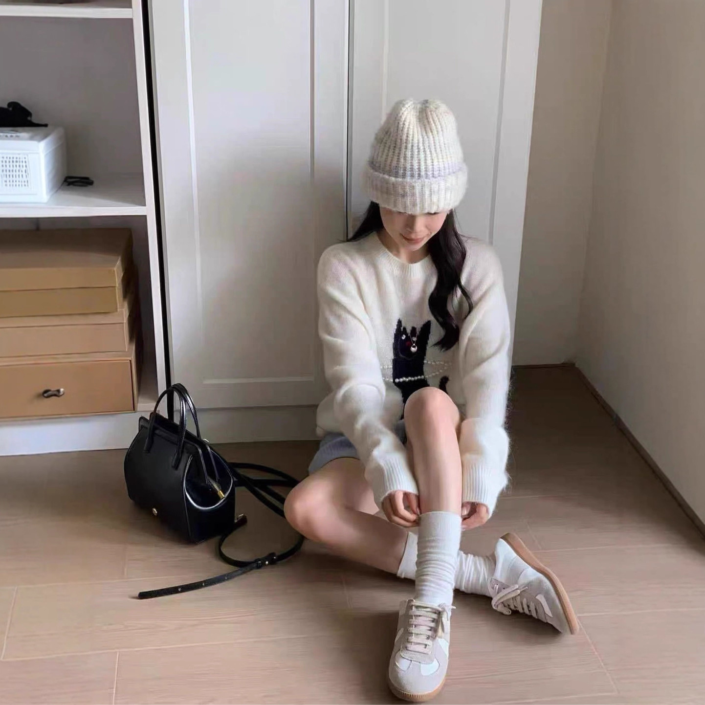 100%全羊毛珍珠提花猫咪2025新款针织衫减龄显瘦百搭套头毛衣ZYD