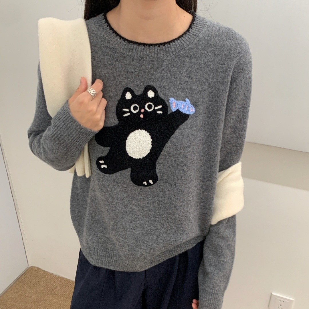 100%全羊毛25秋冬新款圆领长袖卡通猫咪针织女宽松显瘦百搭上衣CC