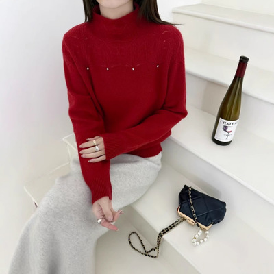 JL全羊毛100%超好看蕾丝拼接打底衫女秋冬高级感花边高领紧身上衣