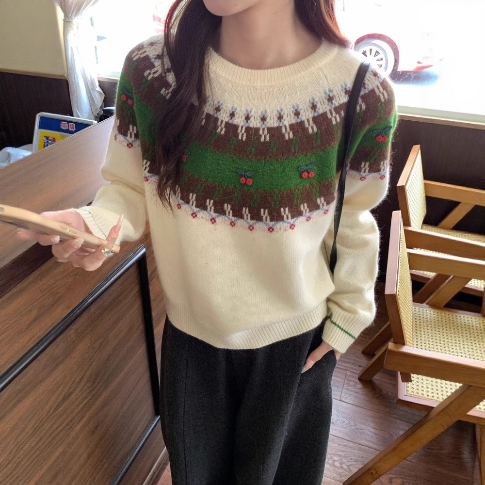 CC2025冬款费尔岛毛衣女秋冬加厚宽松慵懒风圆领提花针织衫上衣女