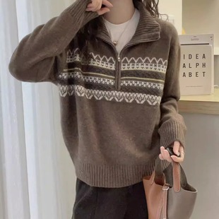 100%羊毛半拉链2025冬季软糯慵懒百搭羊绒针织衫高领女上衣潮ZYD