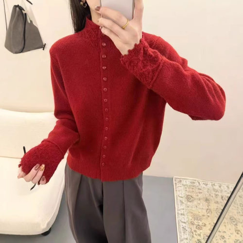 YZ镂空钩花冬季女时尚立领单排扣开衫毛衣女上衣针织衫外套浣熊绒