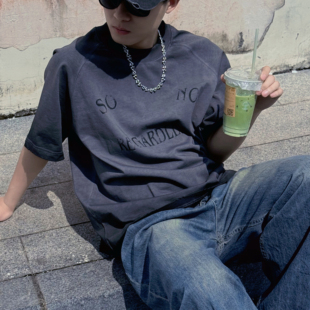 男宽松复古经典 插肩袖 T恤做旧短袖 宽松T恤 NO潮牌水洗渐变短袖