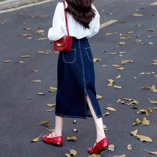 深蓝色牛仔半身裙女大码 胖mm高腰显瘦梨型身材小个子后开叉a字裙