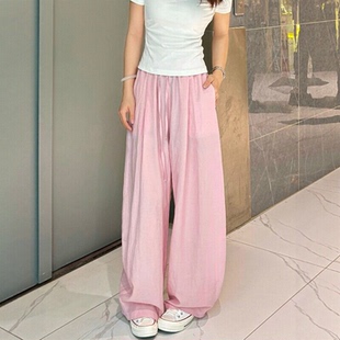 胖mm高腰宽松显瘦垂感山本裤 薄款 女夏季 慵懒风粉色亚麻阔腿弯刀裤