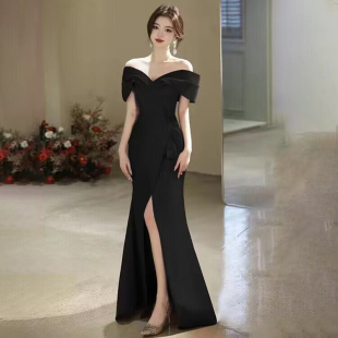 黑色晚礼服高端法式 聚会小众拖尾齐地蝴蝶结一字肩显瘦绑带连衣裙