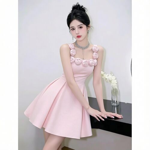 粉色玫瑰露背约会生日礼服连衣裙