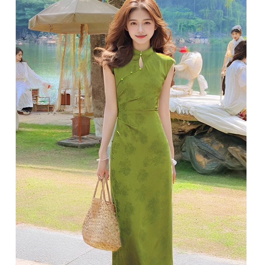 胖东来新中式印花改良旗袍年轻款显瘦显白开叉长款连衣裙女2025年